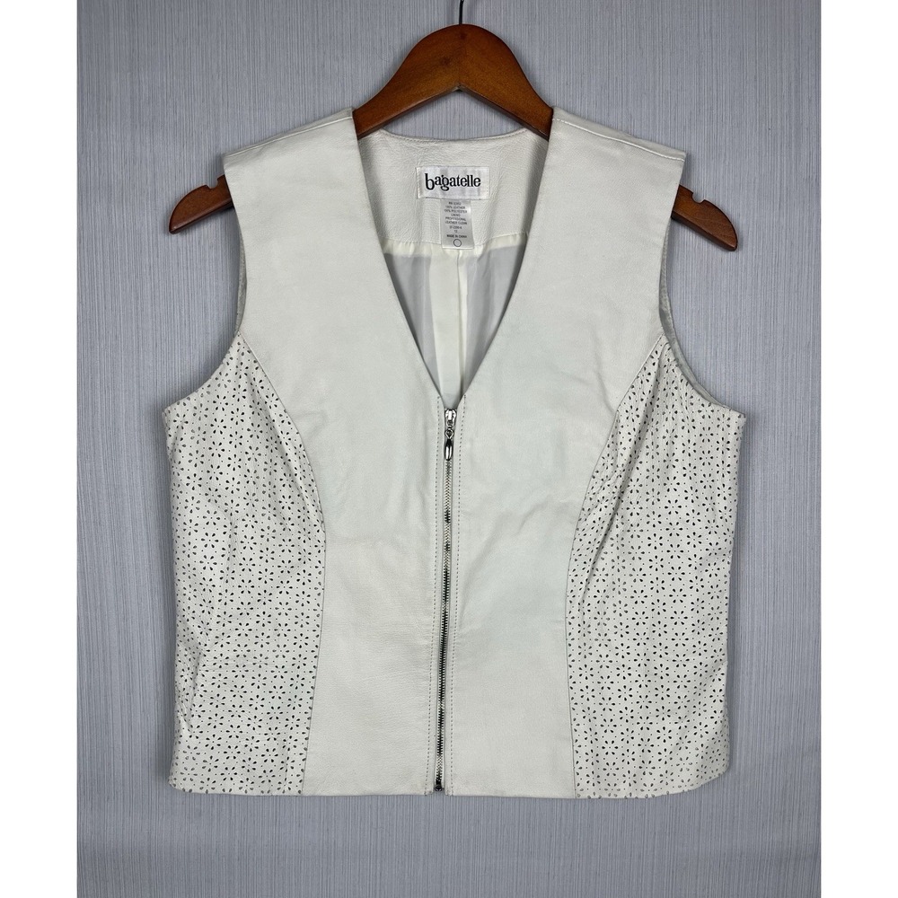 White Leather Vest Women 12 Bagatelle Zip Up Perforated Laser Cut Floral Boho‎